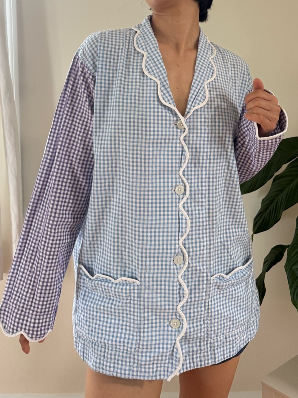 Heidi Carey 100% Cotton Gingham Scalloped Edges Pajama Top With Pockets Size M